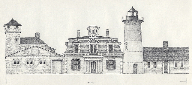 A drawing of three buildings typical of Cape Cod architecture.