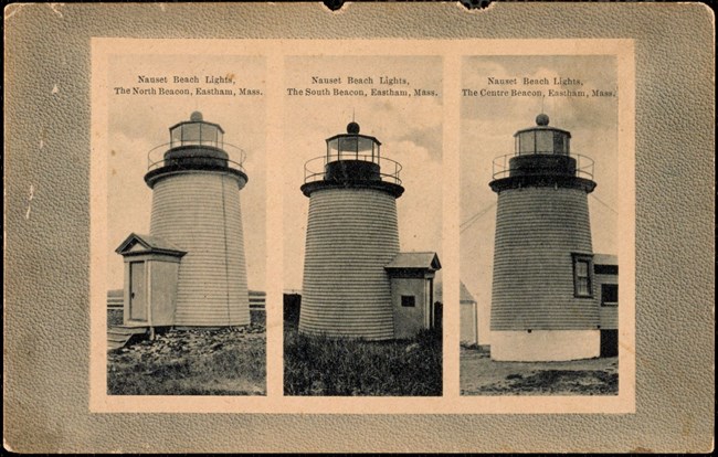Three images of short, white lighthouses next to each other.