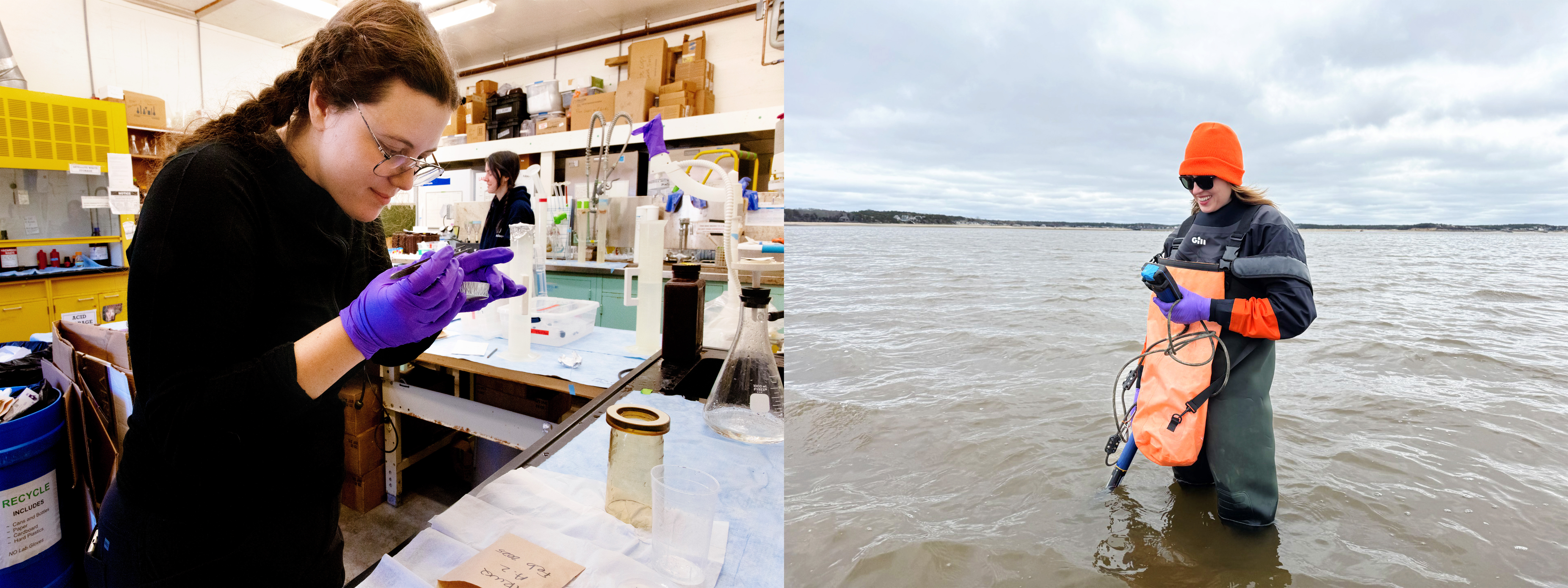 Two images side by side: one of a scientists using an instrument in water and one of a scientist using instruments in a lab.