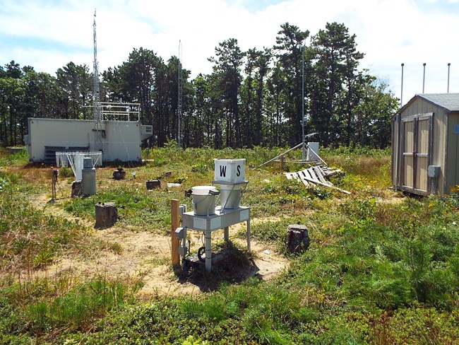 A grassy outdoor location with a shed and some instruments.