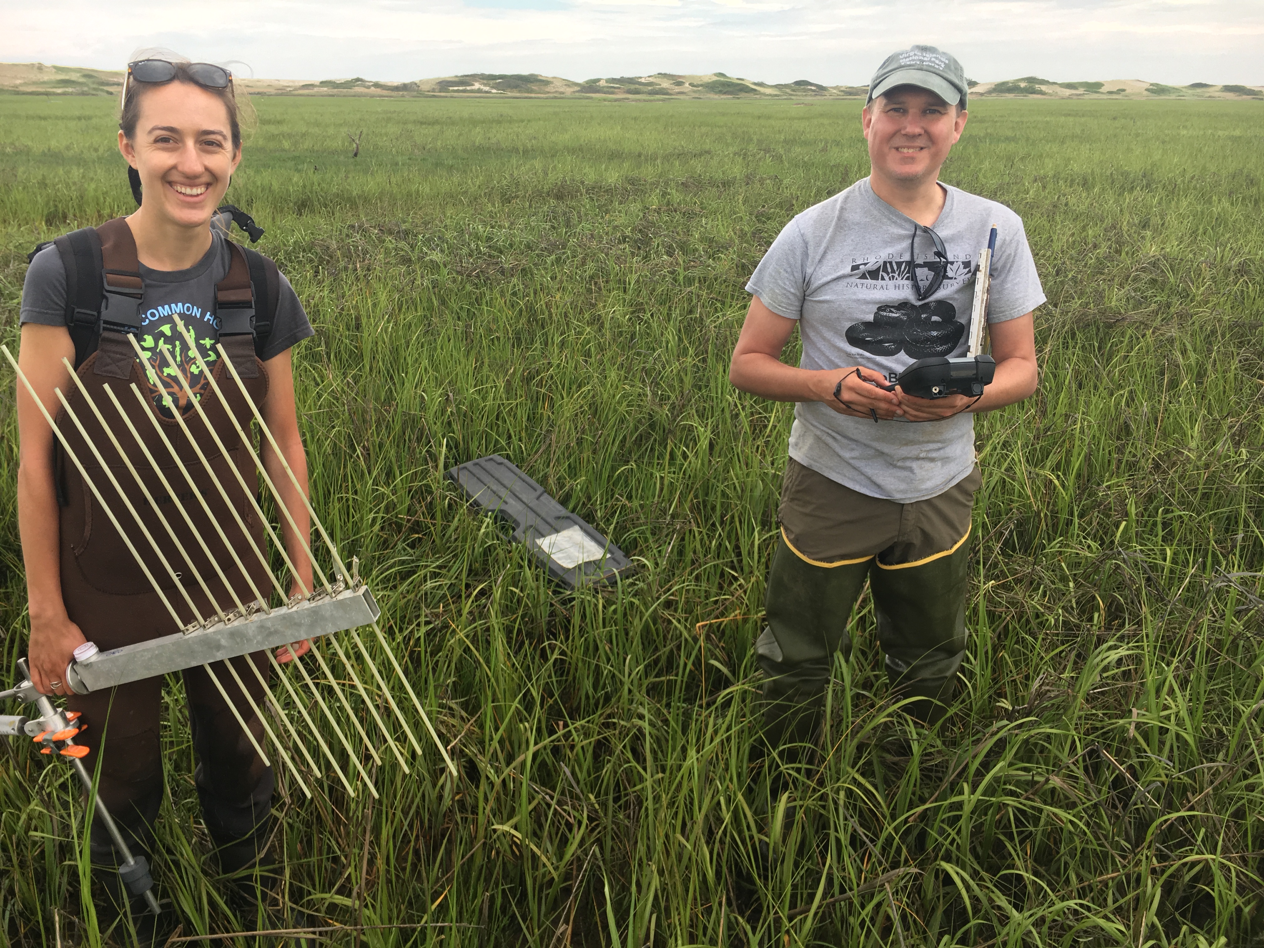 Two scientists hold instruments while standing in a salt marsh.