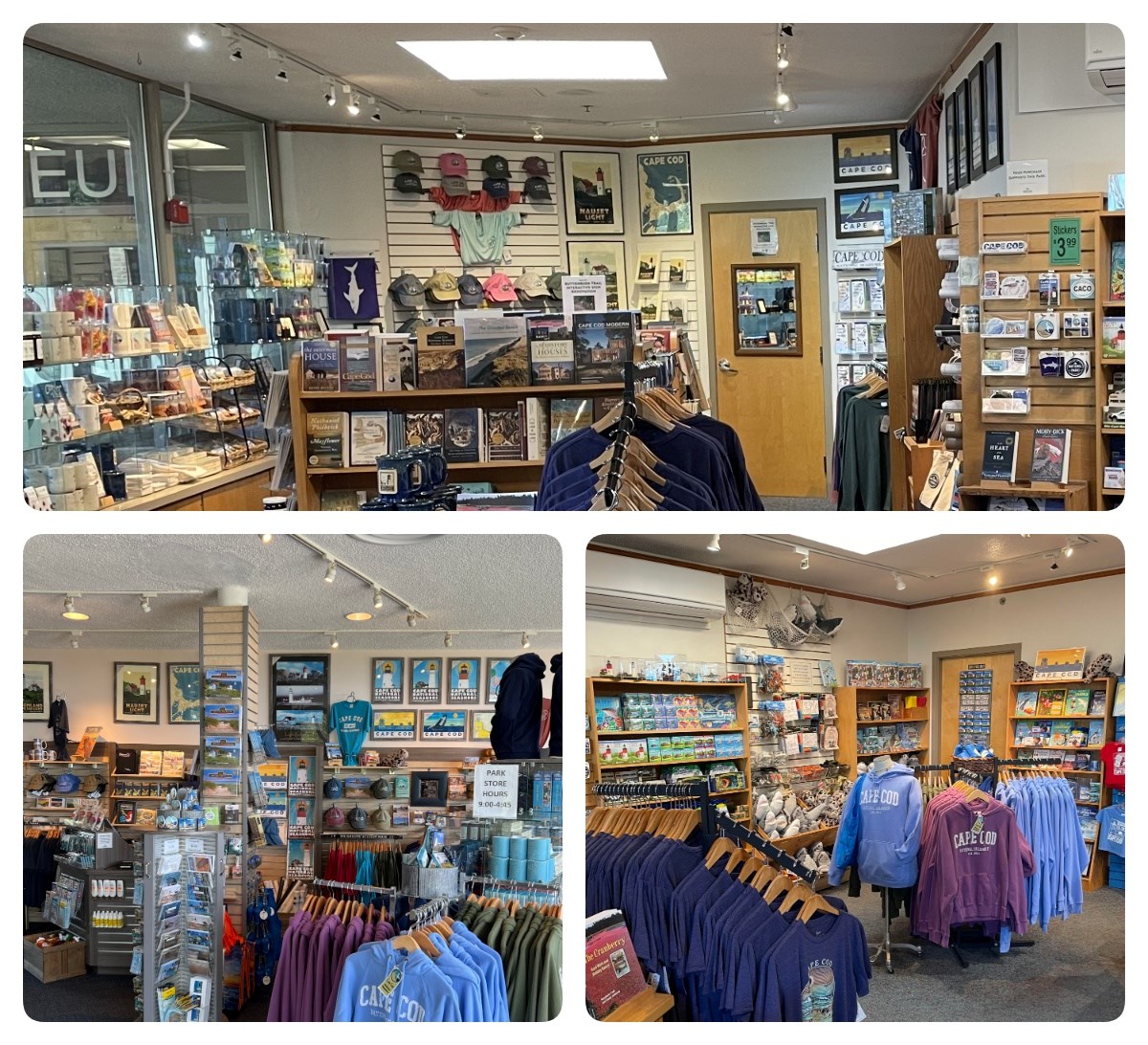 Photos of park stores at the Salt Pond & Province Lands Visitor Centers.