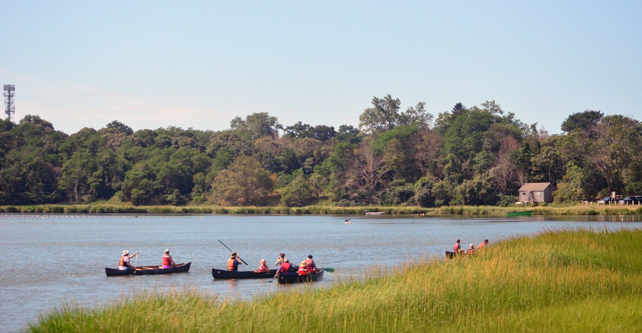 A group wearing life jackets canoes on a pond. Green grass and trees surround the pond against a blue sky.