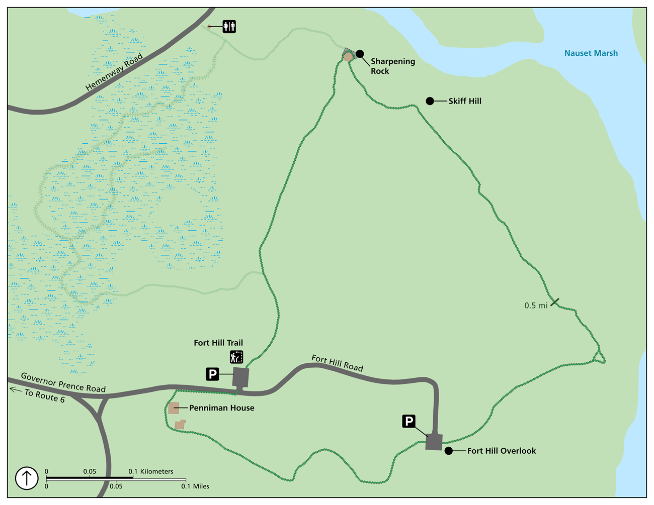 Green trail map with markers displaying the Fort Hill trail loop.