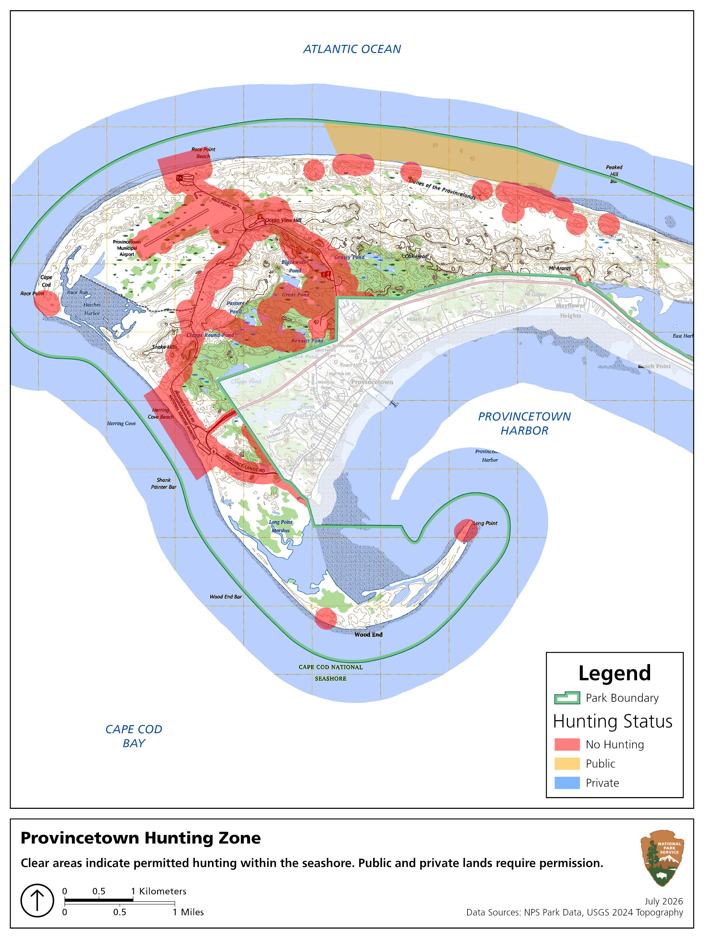 Map of the Provincetown area highlighting no hunting zone areas in red.