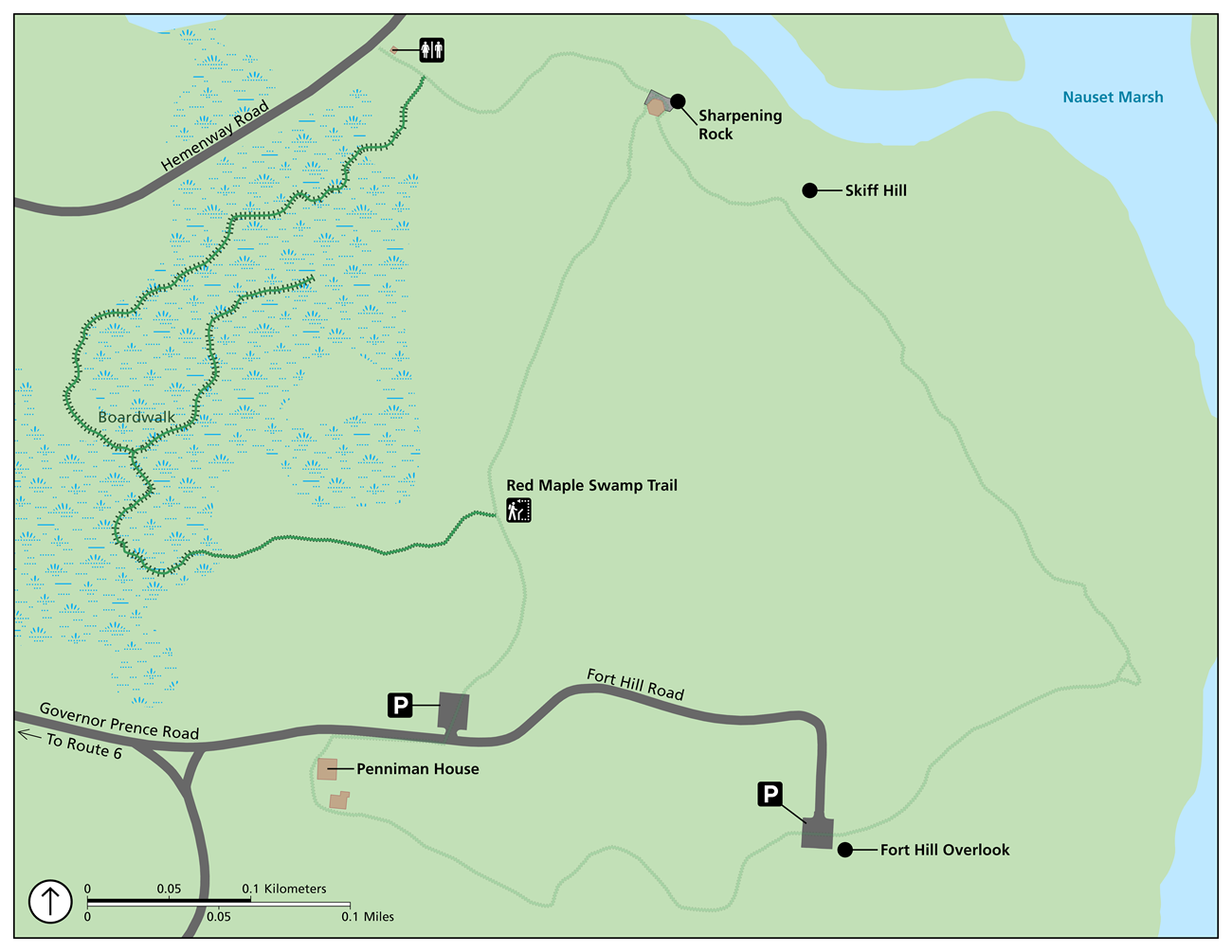 Green trail map with markings for the Red Maple Swamp trail.