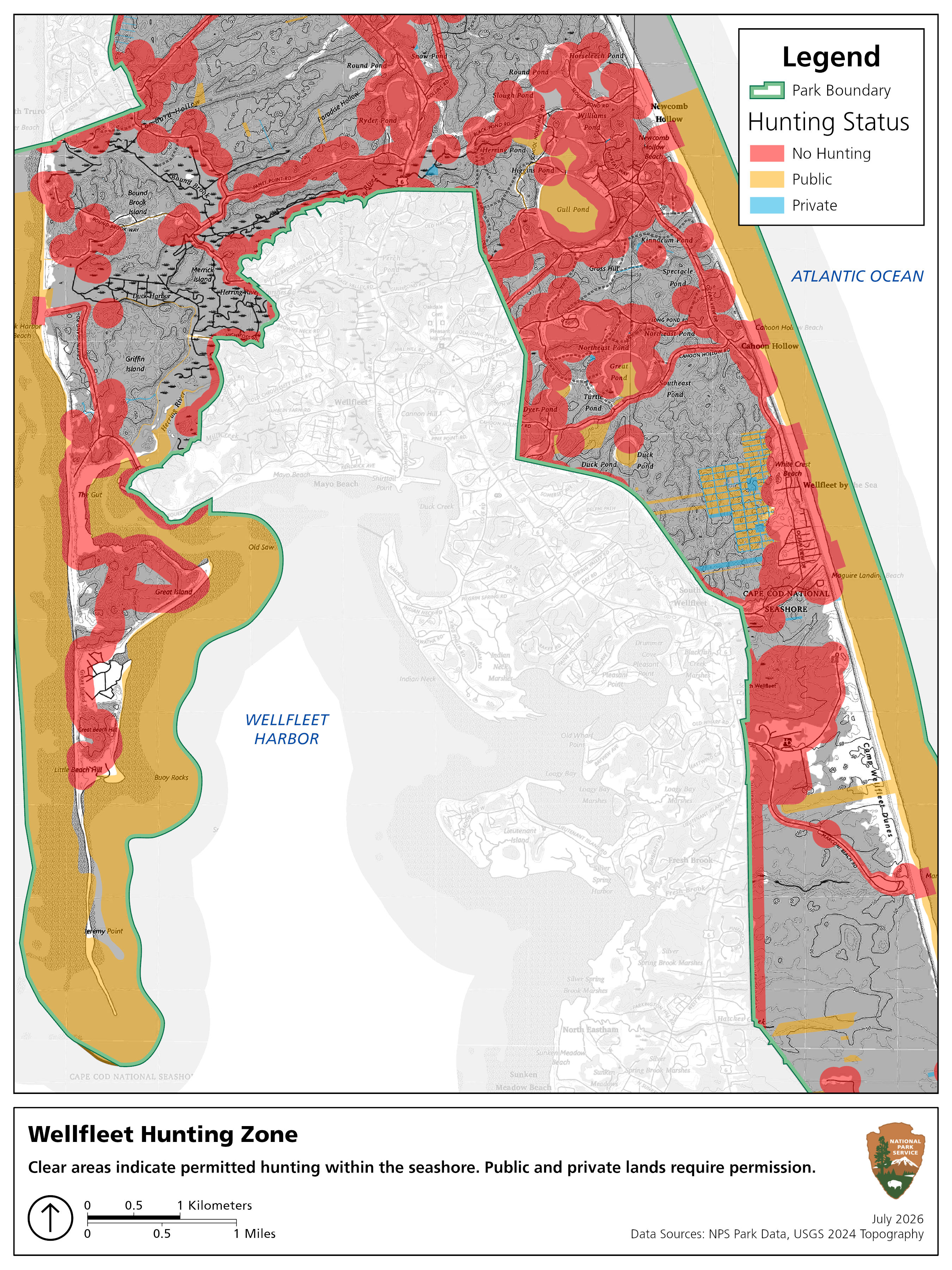 Map of Wellfleet area with highlighted hunting areas.