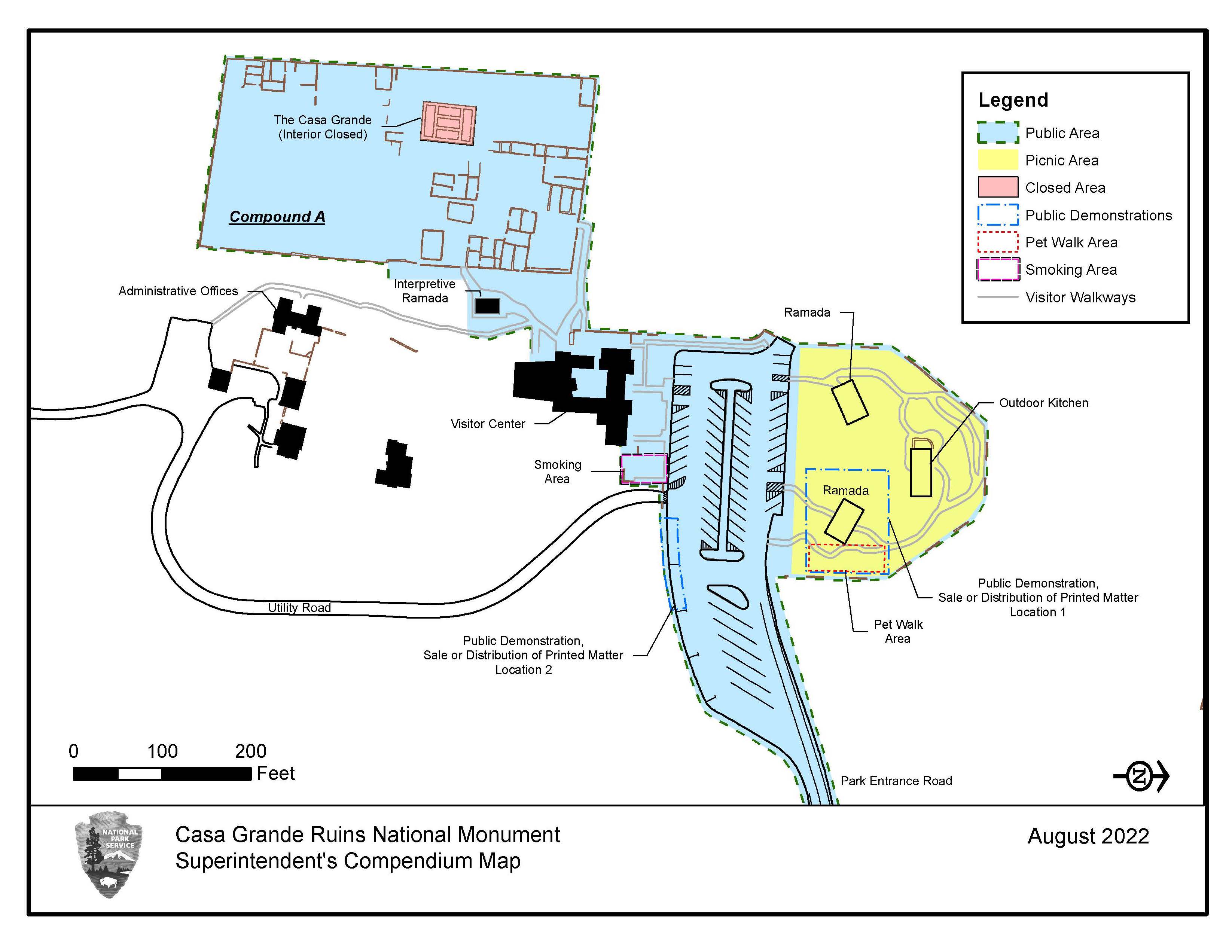 Map showing the areas: public, picnic, closed, public demonstrations, pet walk, smoking, and walkways. More in the description following the image.