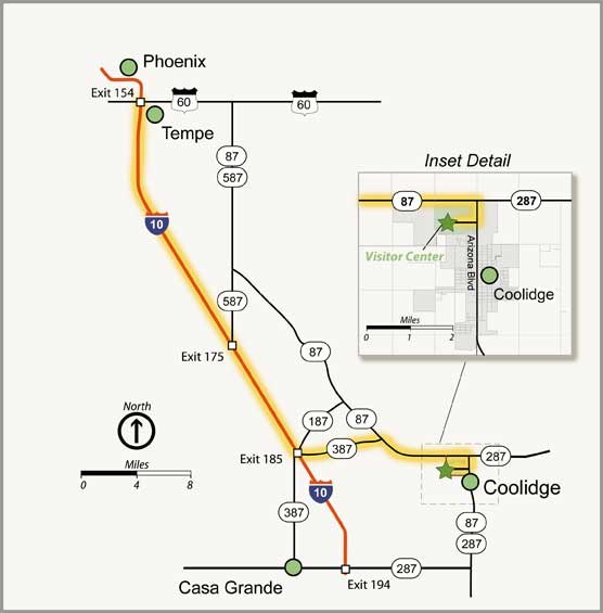 Map showing driving directions to Casa Grande Ruins from Phoenix