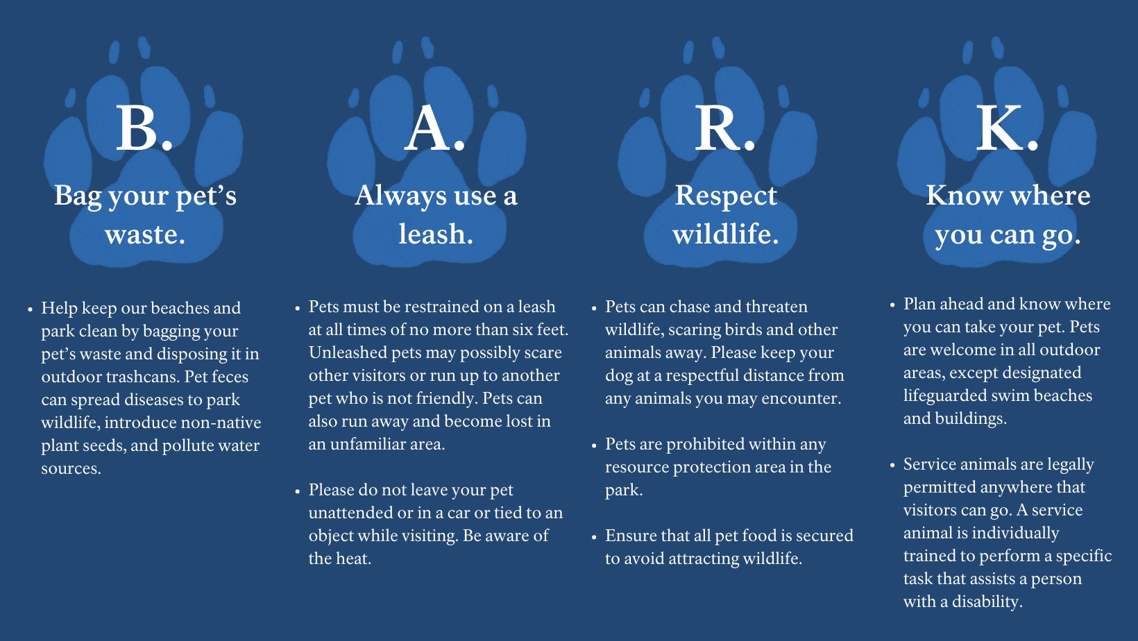 Blue graphic with paw prints explaining the BARK Ranger Princples