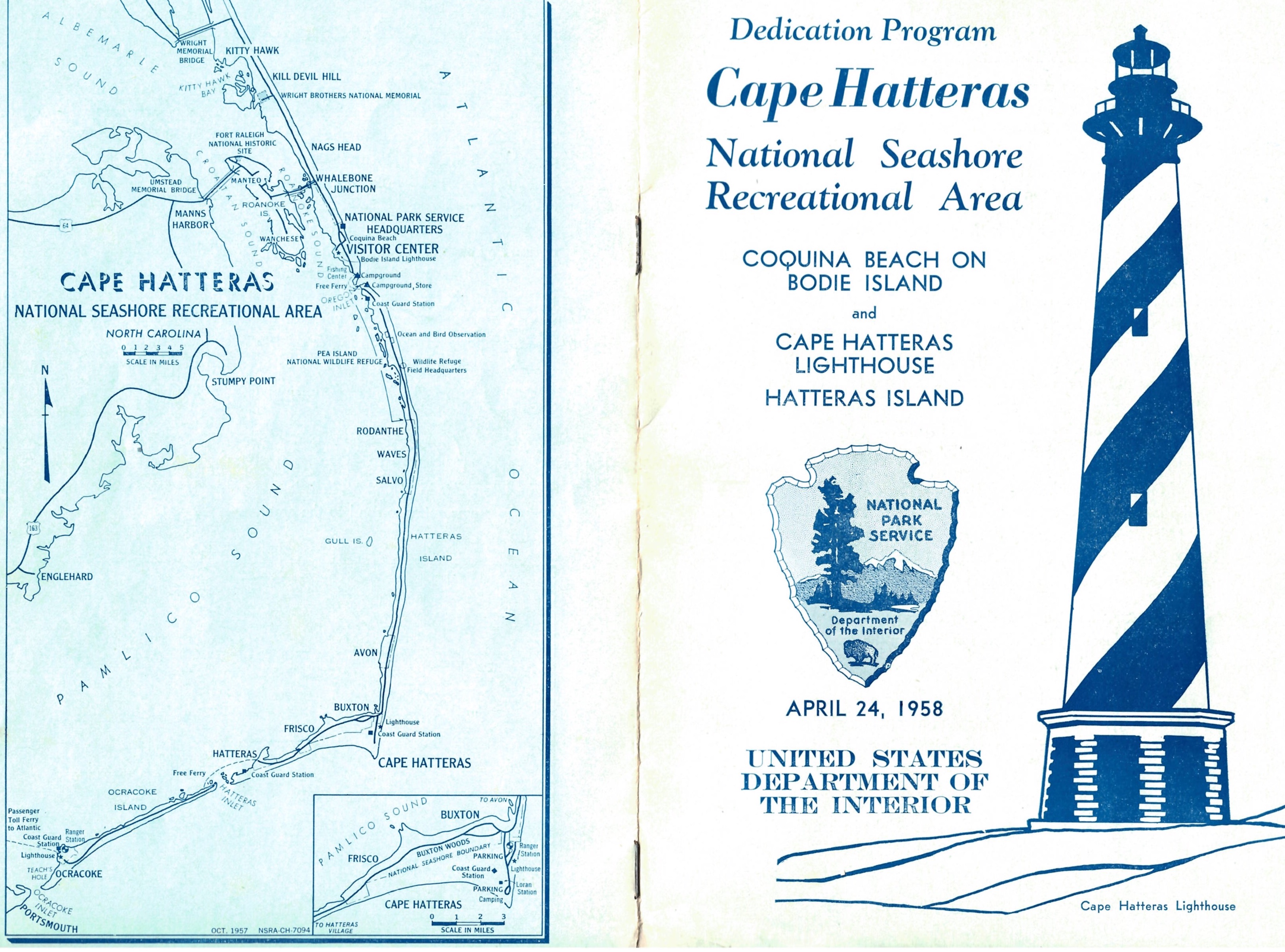 Front and back page of Dedication Program for Cape Hatteras National Seashore Recreational Area