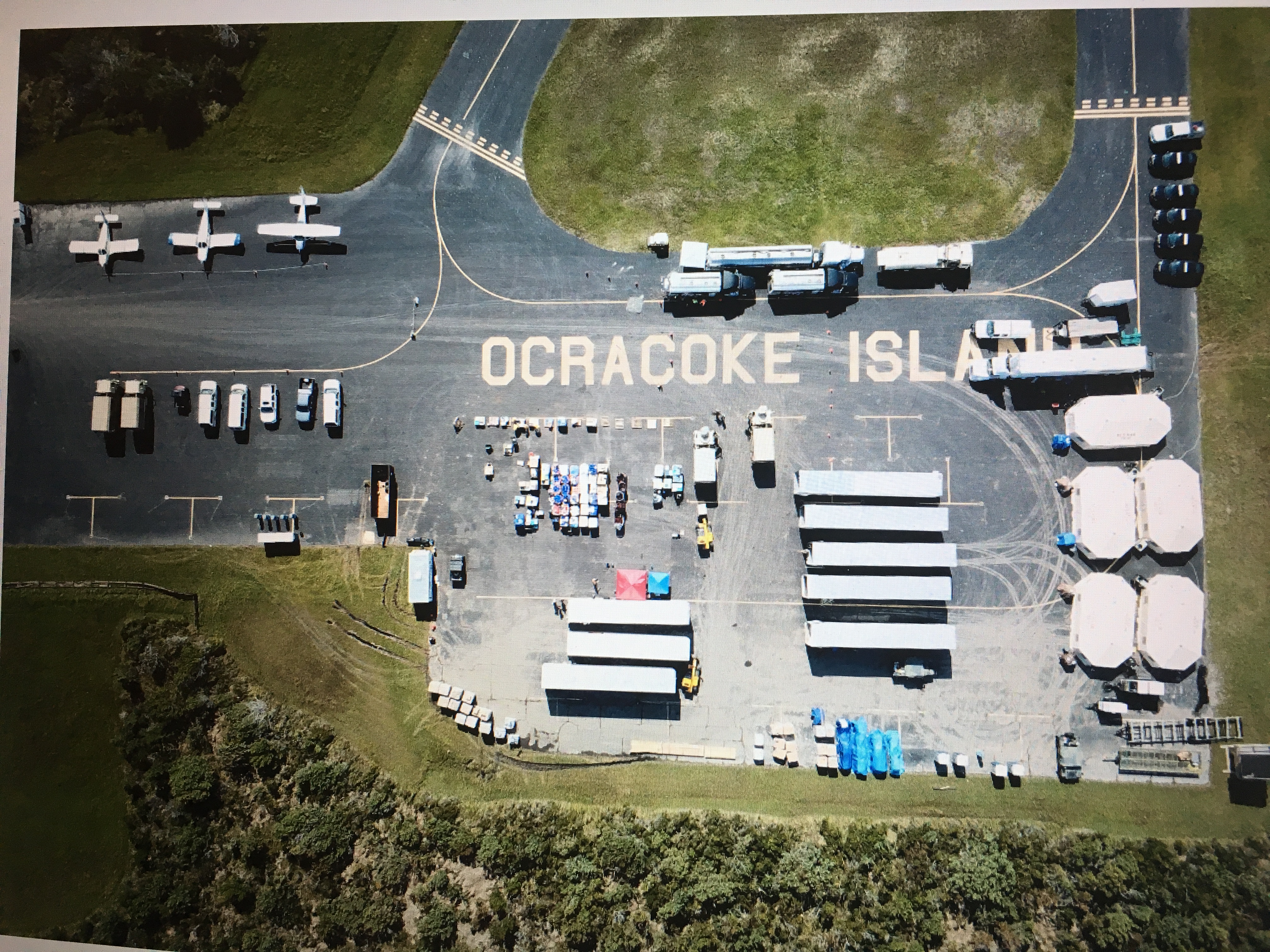 Overhead view of emergency base camp at Ocracoke Airport.