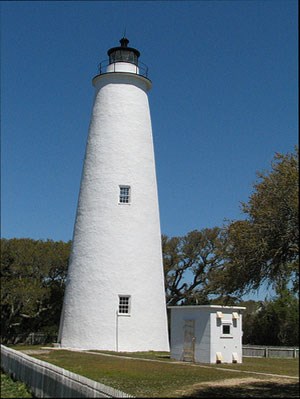 Ocracoke Island Light Station. A short lighthouse painted white with two small windows.