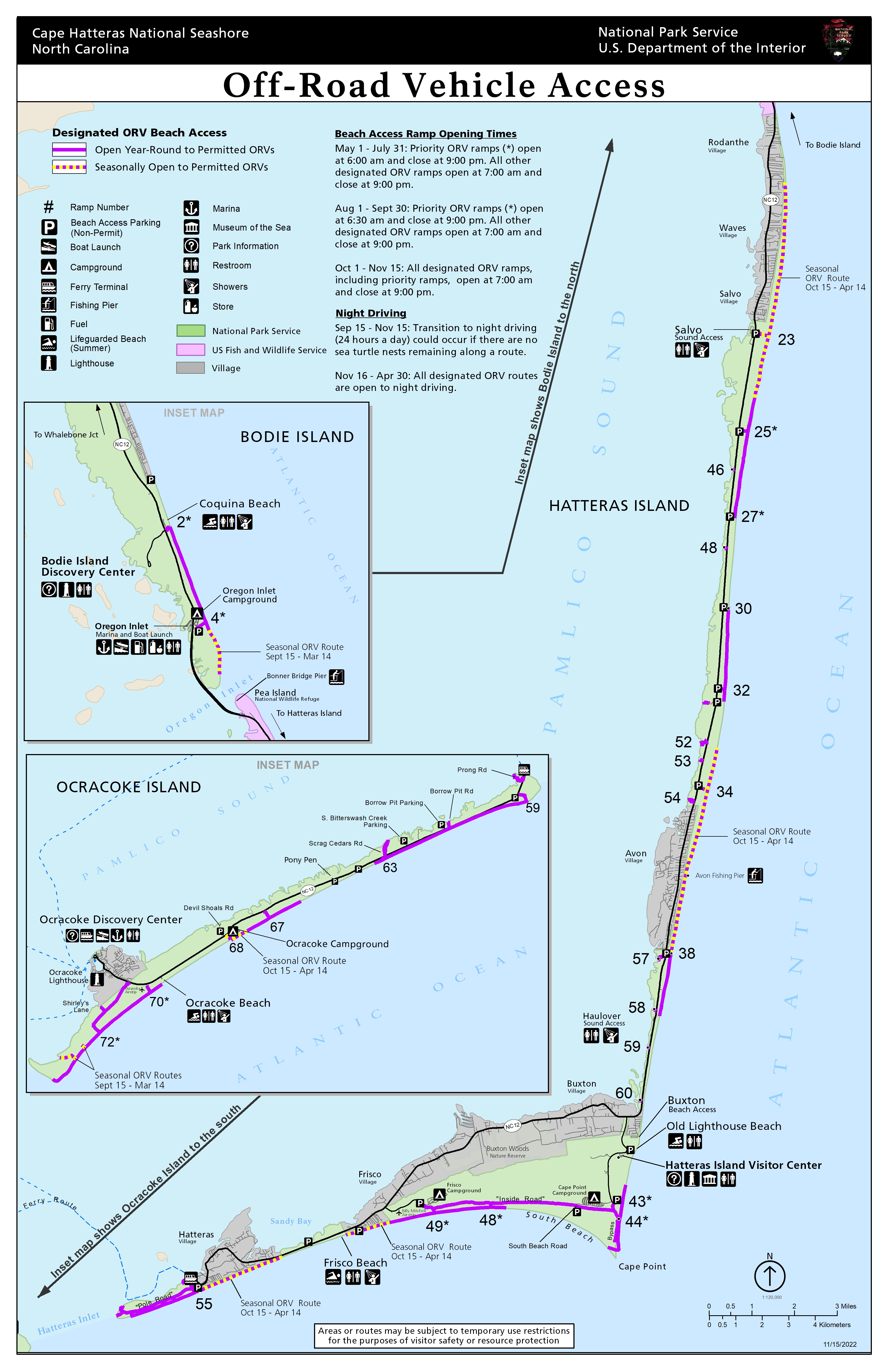 Map showing off-road vehicle ramps at Cape Hatteras National Seashore.