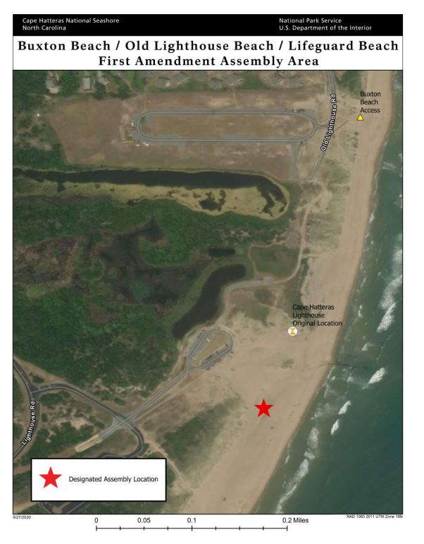 Satellite map view of the Buxton Beach Access first amendment assembly area.