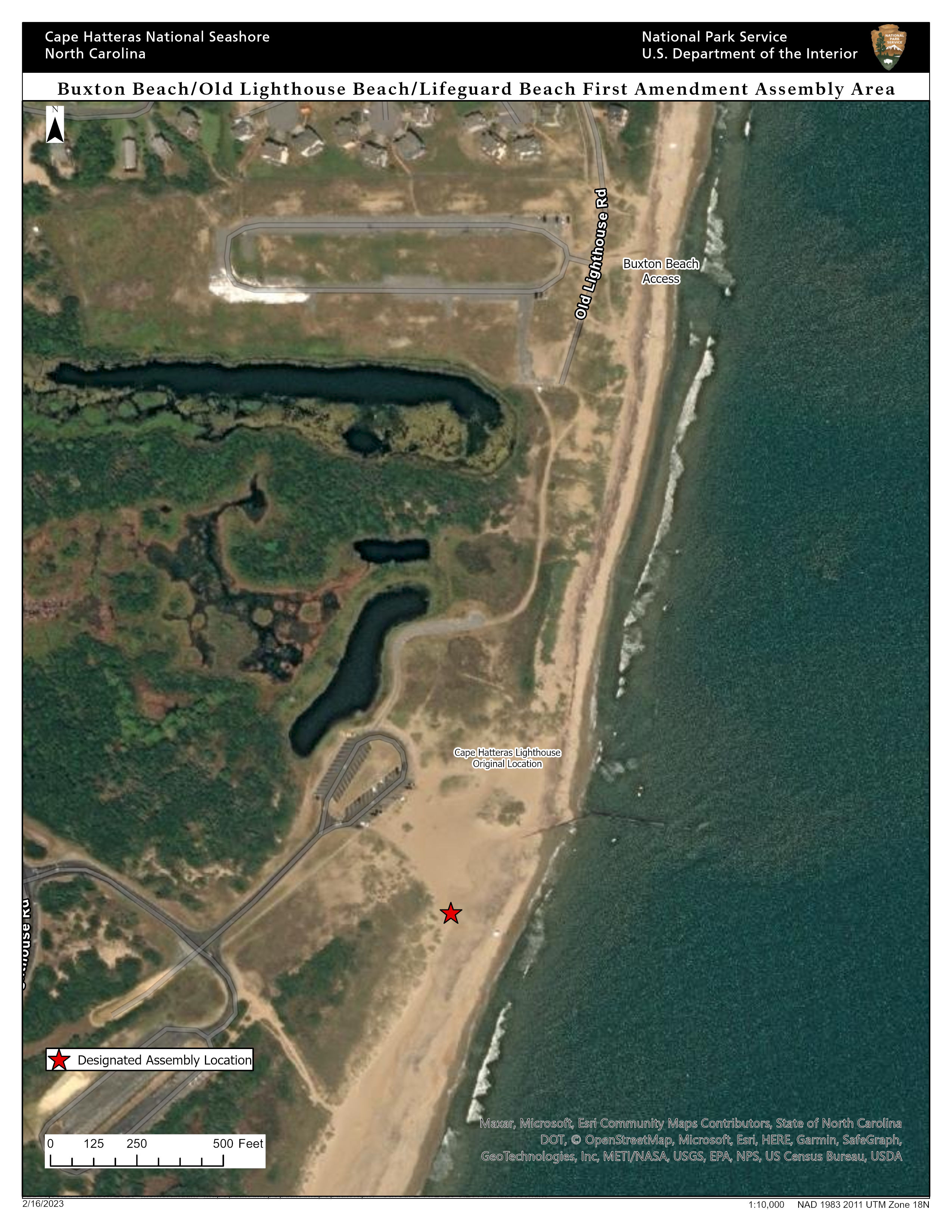 Satellite map view of the Buxton Beach Access first amendment assembly area. The assembly area lies southeast of the Old Cape Hatteras Lighthouse parking lot.