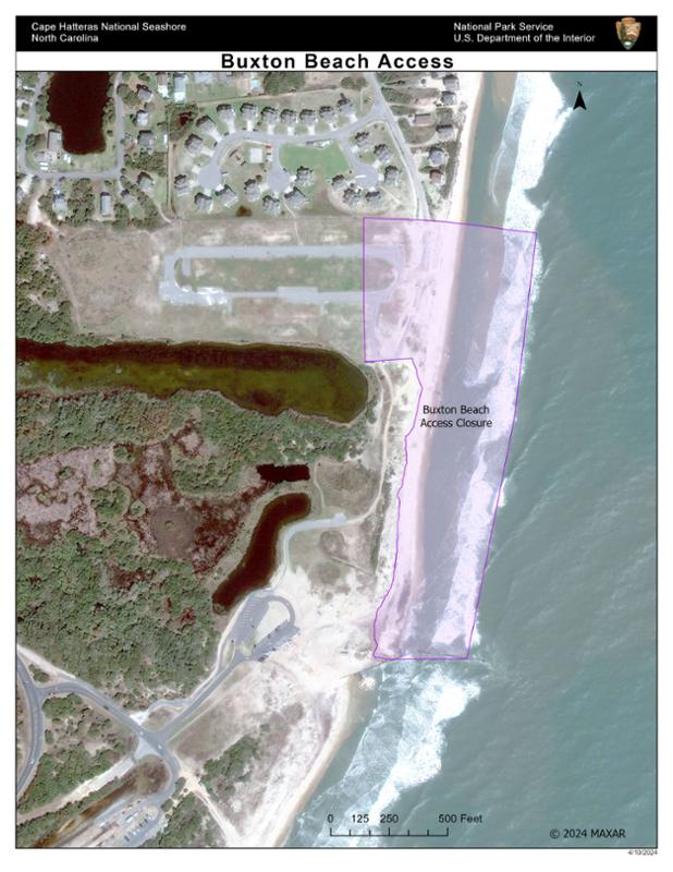 Map showing closed area at Buxton Beach Access.