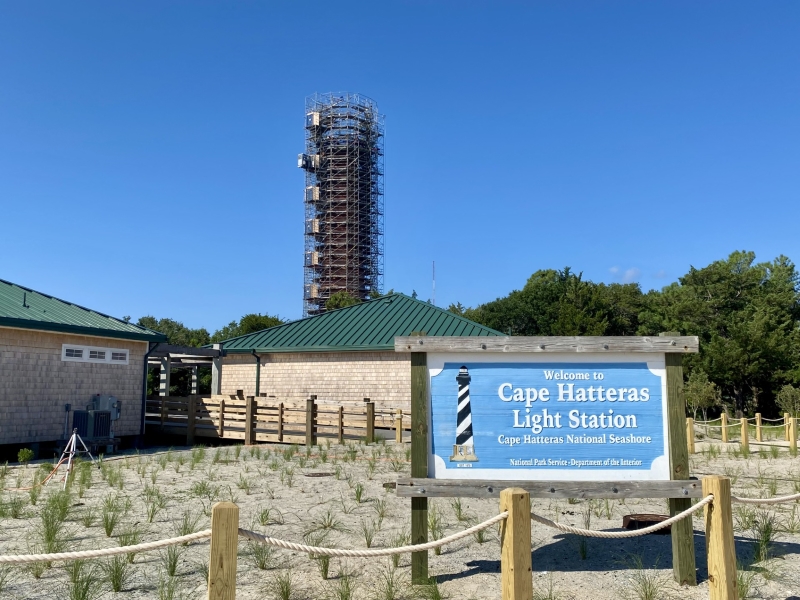 Photo showing scaffolded Cape Hatteras Lighthouse.
