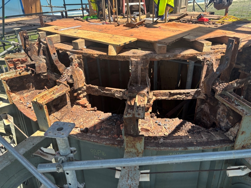 Photo showing deteriorated conditions near the top of the Cape Hatteras Lighthouse.