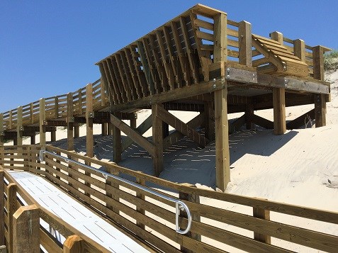 Ocracoke Boardwalk. A wooden ramp crosses over sand bottom left. Above, a platform overlooks the beach.