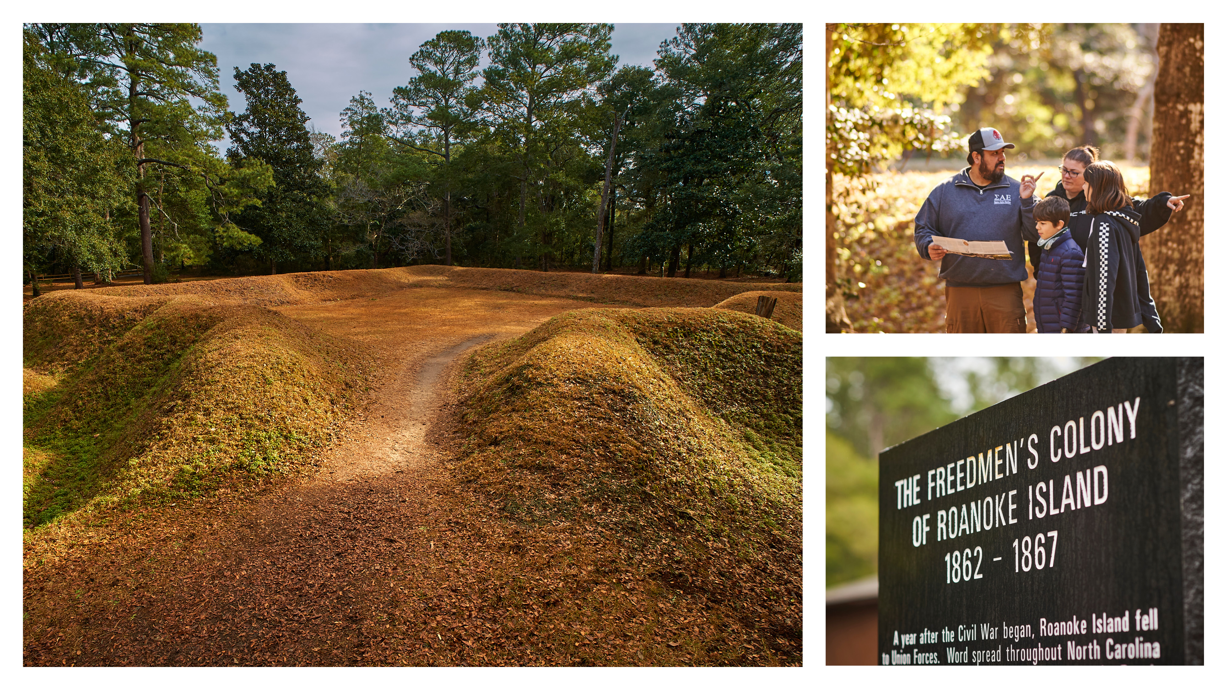 Center: A grass-covered earthen fort surrounded by trees. Top: A family of four reading a map and looking at the woods around them. Bottom: A black monument with the words "The Freedmen's Colony of Roanoke Island 1862-1867"