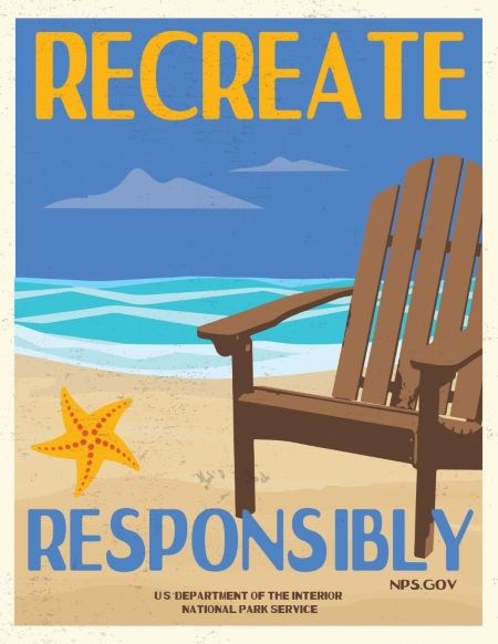 Poster for recreate responsibly with beach chair and starfish
