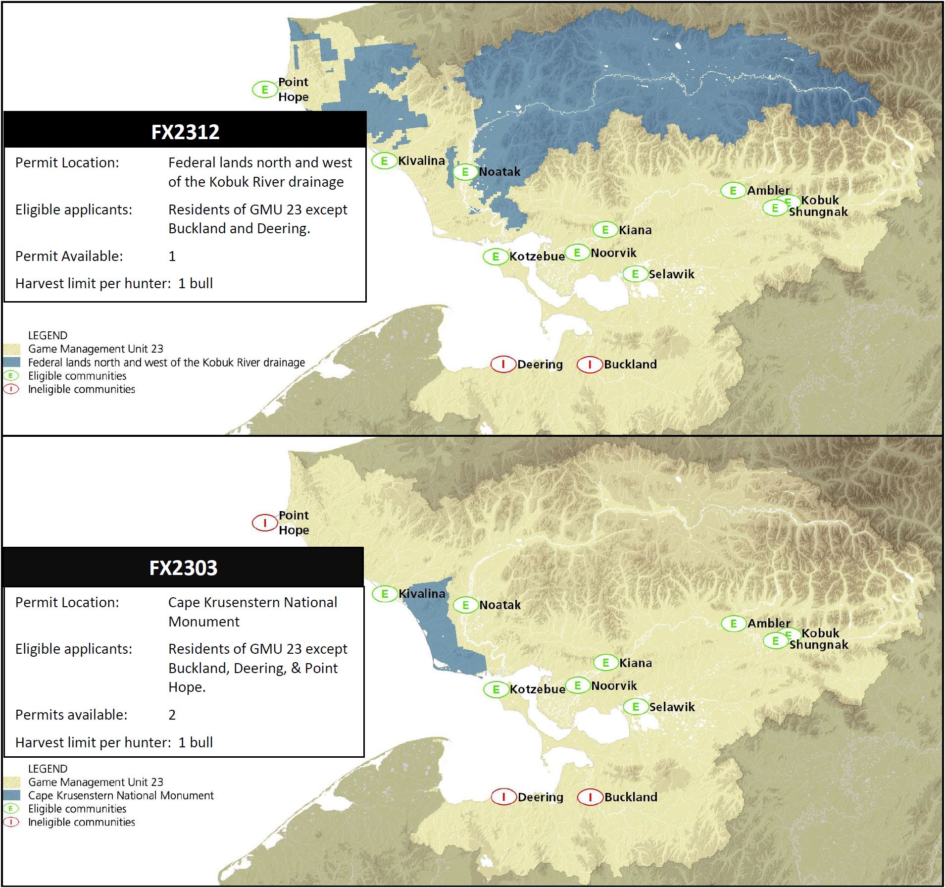 Maps describing federal subsistence hunting permits for two muskox hunts – FX2312 and FX2303 in Game Management Unit (GMU) 23 NW.