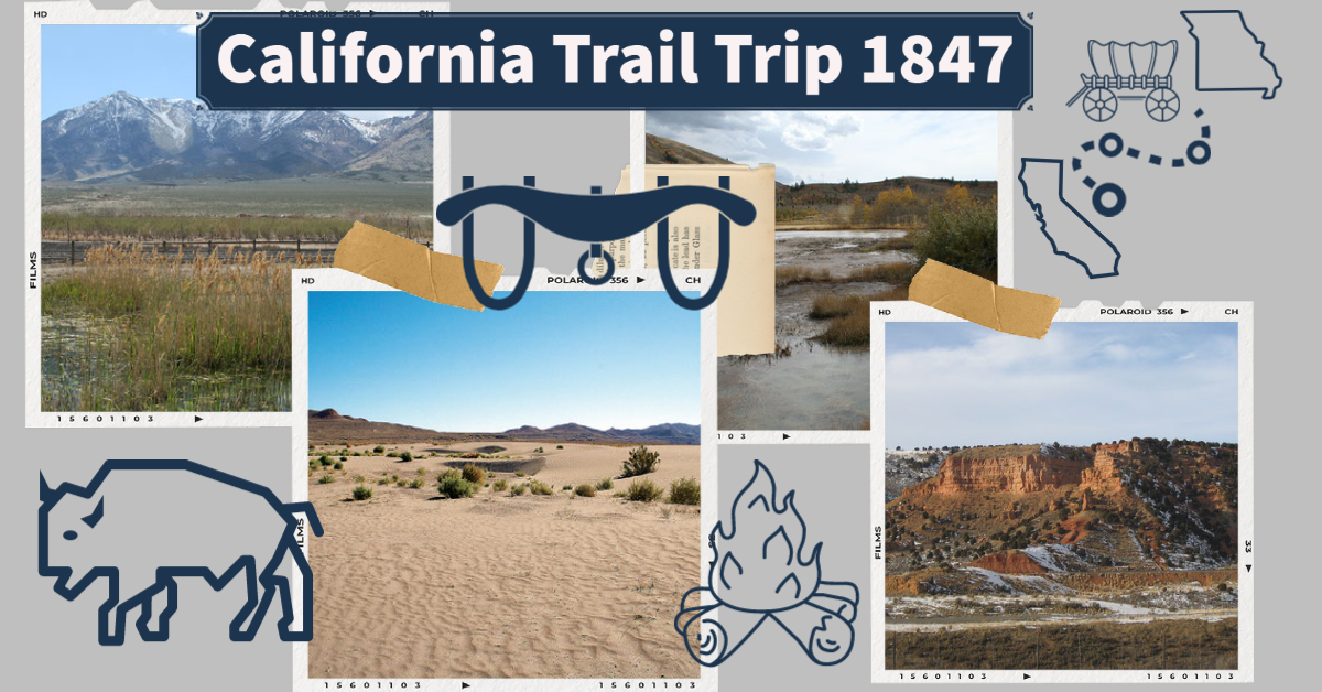 A scrapbook page depicting multiple scenes from the trail, and relevant icon images.