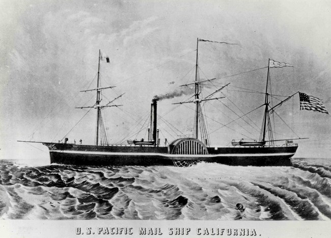 An illustration of a historic steamship with three masts, set in the ocean.