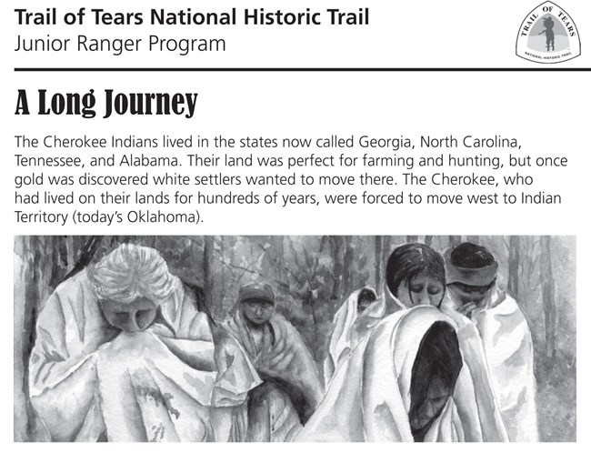 People bundled in blankets, Trail of Tears Junior Ranger Program text