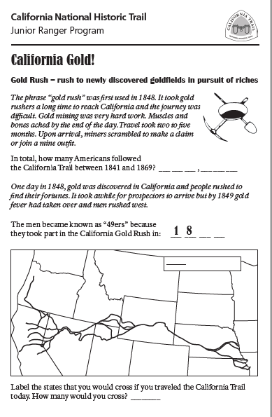 The cover of the california trail junior ranger booklet, with the title and the map of the United States, depicting the trail route from Missouri to California.