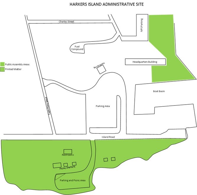 Shell point and next to the NPS Headquarters building are designated as locations permitted under public assemblies and sale or distribution of printed matter.
