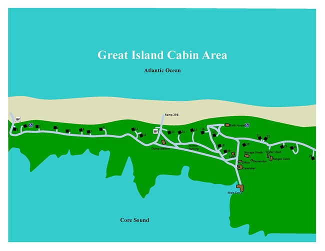 aerial map of Great Island cabin area showing location of cabins and other facilities