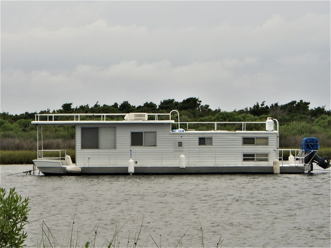 A houseboat anchors in between the marsh. Trees are behind the boat. Tall grass is in the foreground