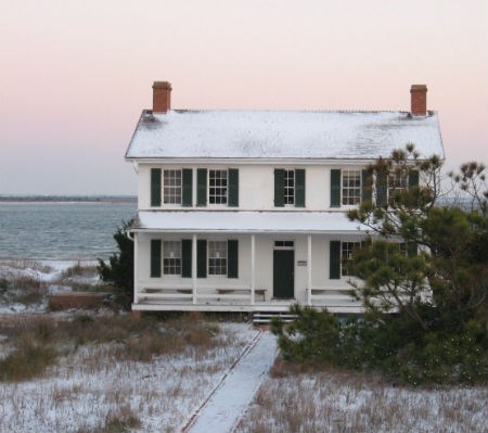 Snow on the Cape Lookout Lighthouse Keeper's Quarters