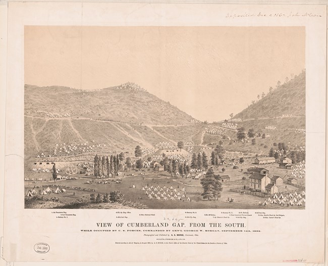 Civil War sketch of a gap between a mountain pass with tents and trees in the foreground.