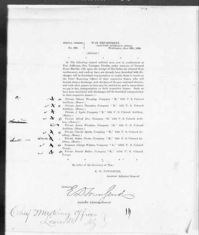 Special Order No. 306 listing the names of confined soldiers sentenced to hard labor at Fort Jefferson, Dry Tortugas.