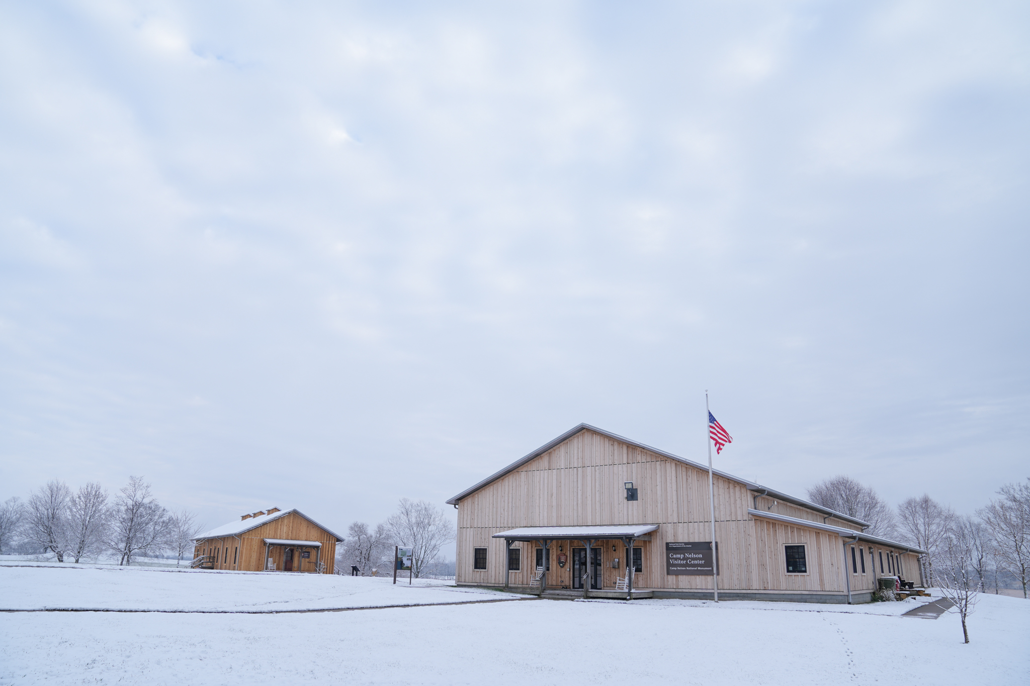 First Kentucky Snow over Camp Nelson National Monument Visitor Center and Barracks.