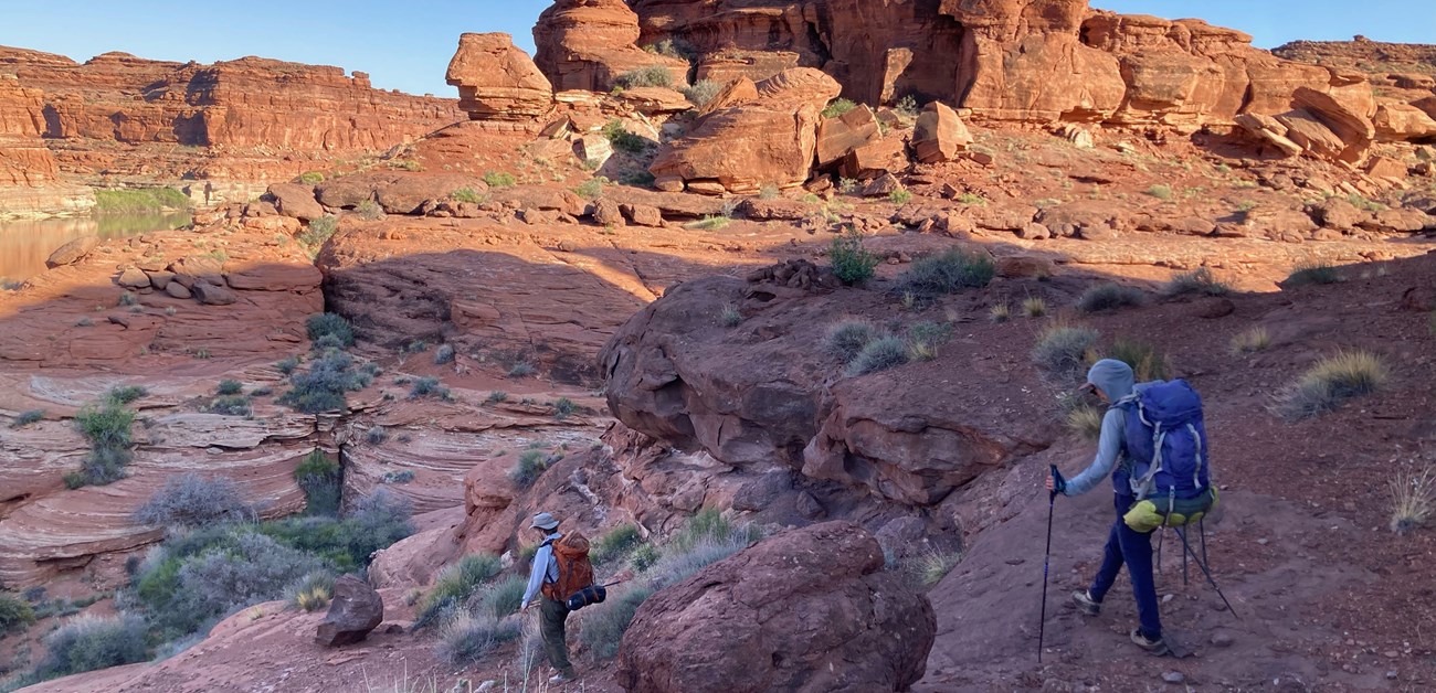 Two people backpacking down into a canyon