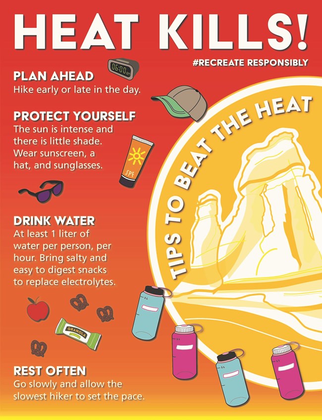 Colorful graphics with tips to prevent heat related illness and injury. Plan ahead, protect yourself, drink water, rest often. Colorful icons of an alarm clock, baseball cap, sunglasses, sunscreen, snacks, and water bottles accompany the tips.