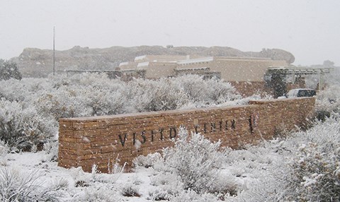 snow-covered plants with a visitor center building in the background