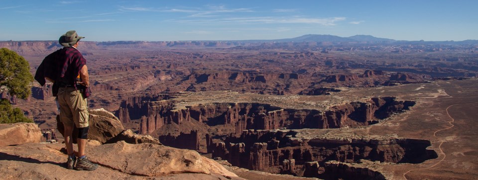 a man stands at a viewpoint overlooking canyons in the distance