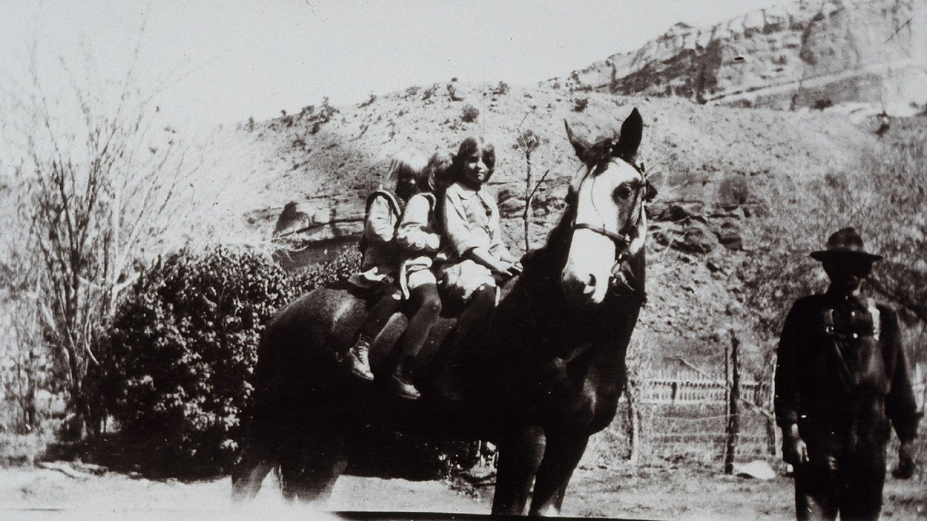 Black and white photo of three little girls on a horse, with a man holding the horse.