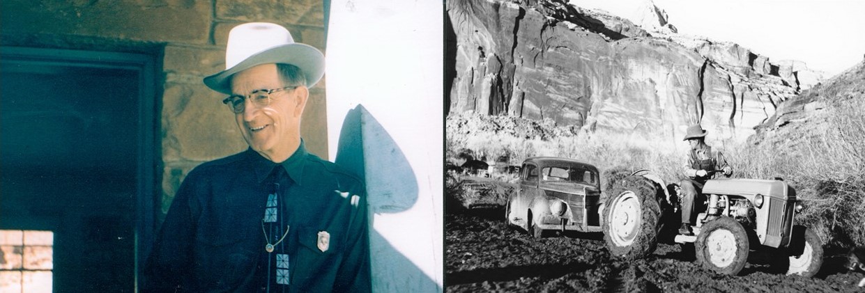 On left, a smiling man in a white cowboy hat. On right, a black and white image of a man driving a tractor through a field.