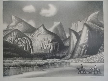 artistic drawing of Capitol Reef domes with people on horseback in the foreground