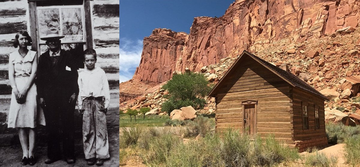 On Left, black and white image of a woman, man, and young child standing in front of a log building. On right, a one room log building in front of large red sandstone cliffs.