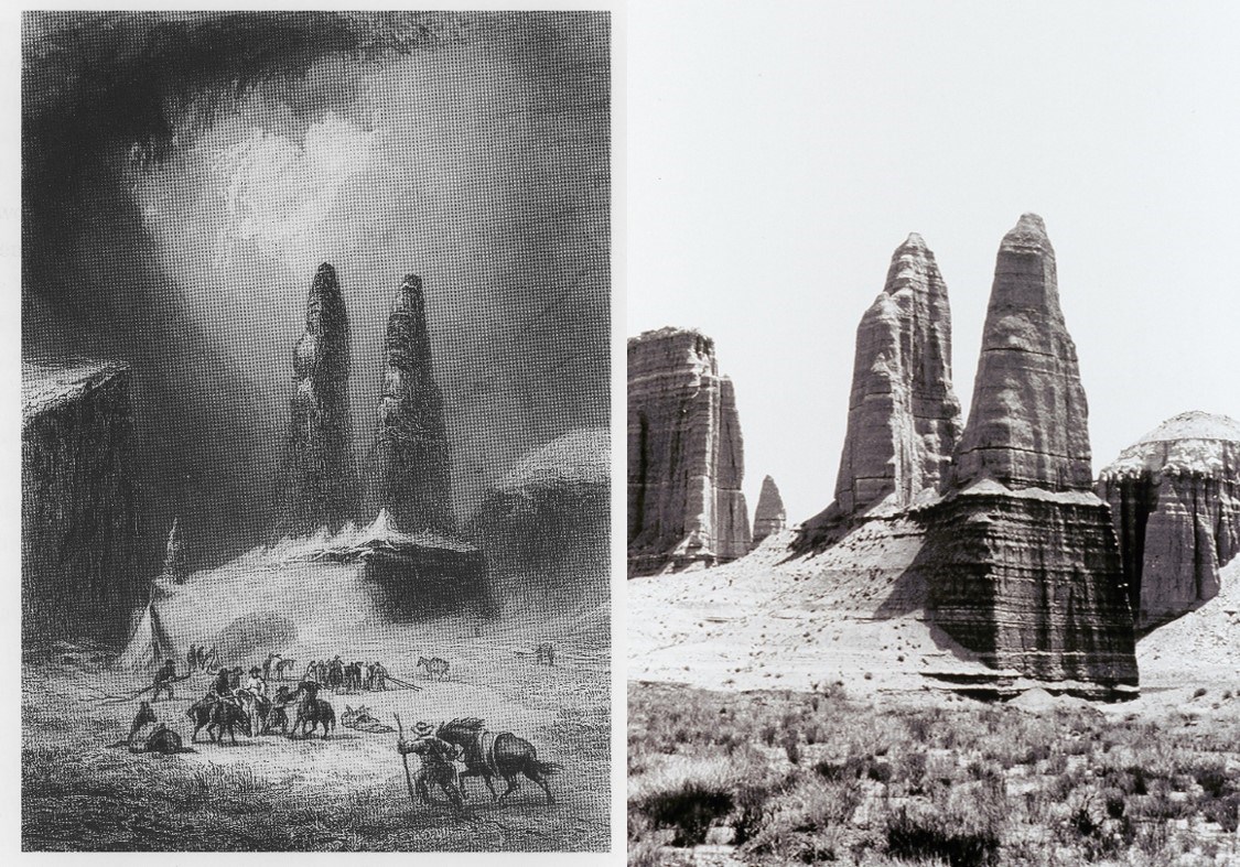 Two images: a black and white photo of two large triangular monoliths and cliffs. Second image: Pen and ink etching of men, horses, and the same two large triangular monoliths.