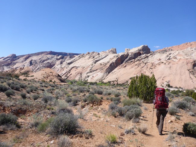 A person hiking across a desert landscape with angled sandstone rising up in the distance.