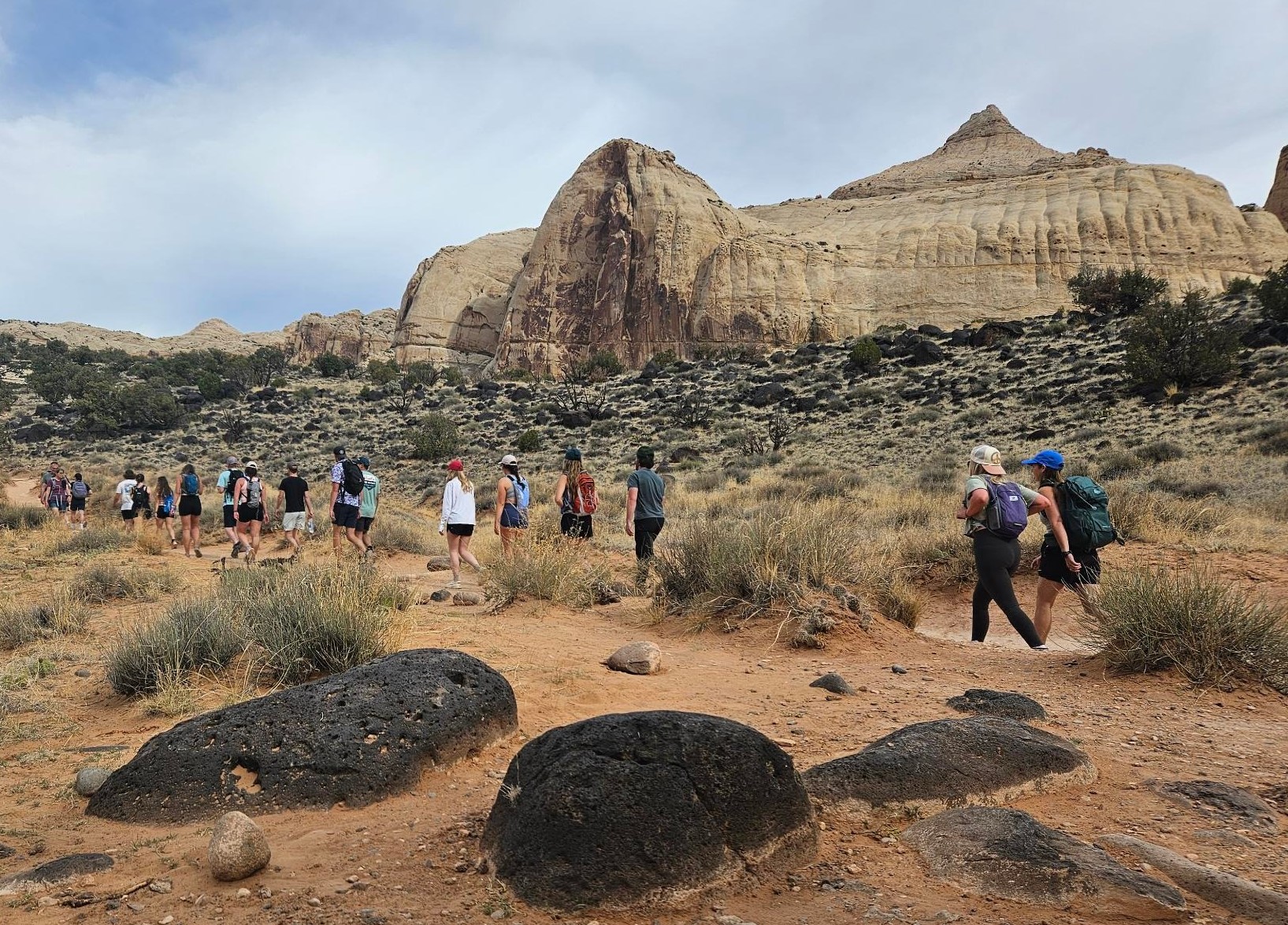 a line of people hiking on a trail.