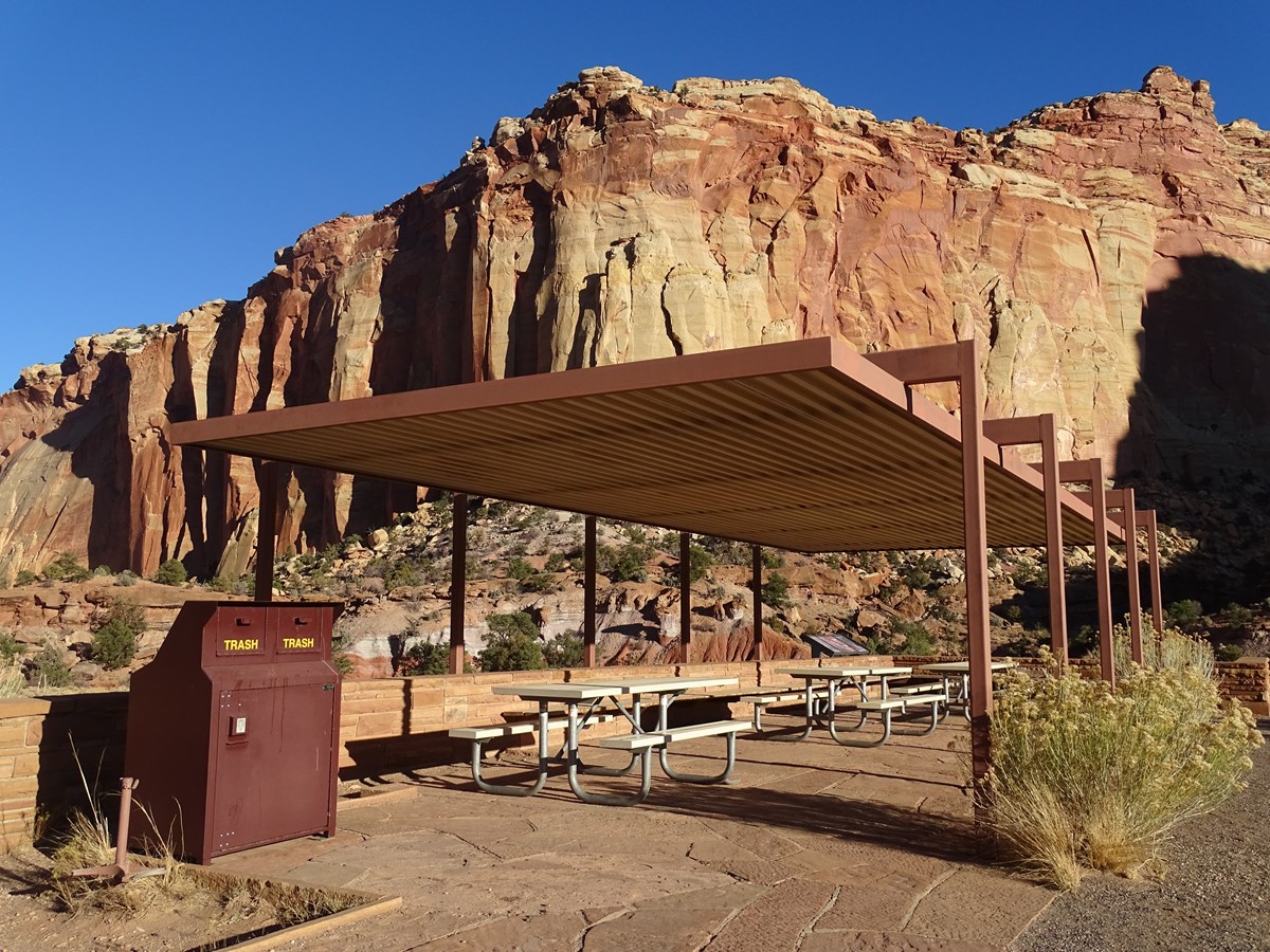 Covered tables and bear-proof trash cans in a red rock canyon.